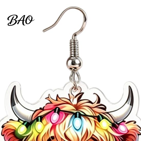 Fun Daily Wear Accessories 1 Pair Acrylic Highland Cow Christmas Earrings for Women, Cute Scottish Cattle Holiday Gift Her Dangle Drop Earrings,