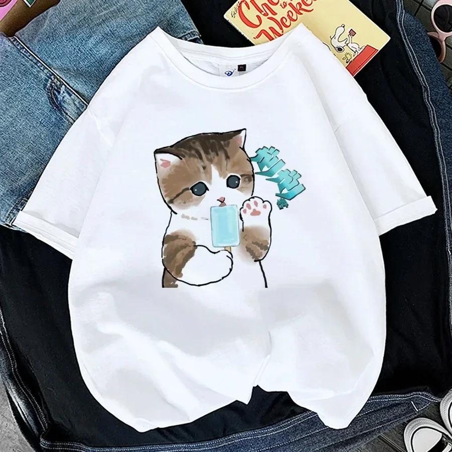 Kawaii Cat WoPrint T-shirt Girl Animal Y2K Fashion 90S Harajuku Print Tops Tee Gril Black White Summer Clothes Tshirts