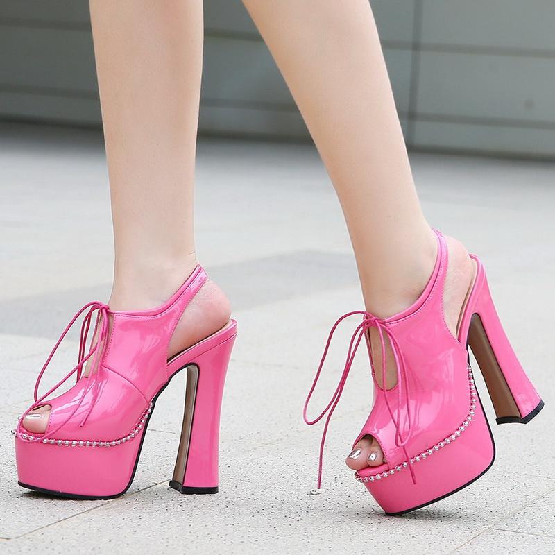 Women Waterproof Platform String Beading High Thick Heel Sandals for Office Nightclub Party Banquet Wedding Catwalk Princess