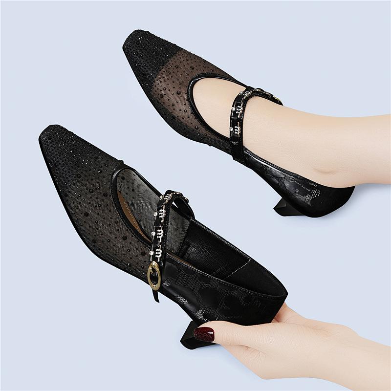 Casual style explosion one-word buckle versatile single shoes women's new fashionable sexy breathable middle heel comfortable mother shoes