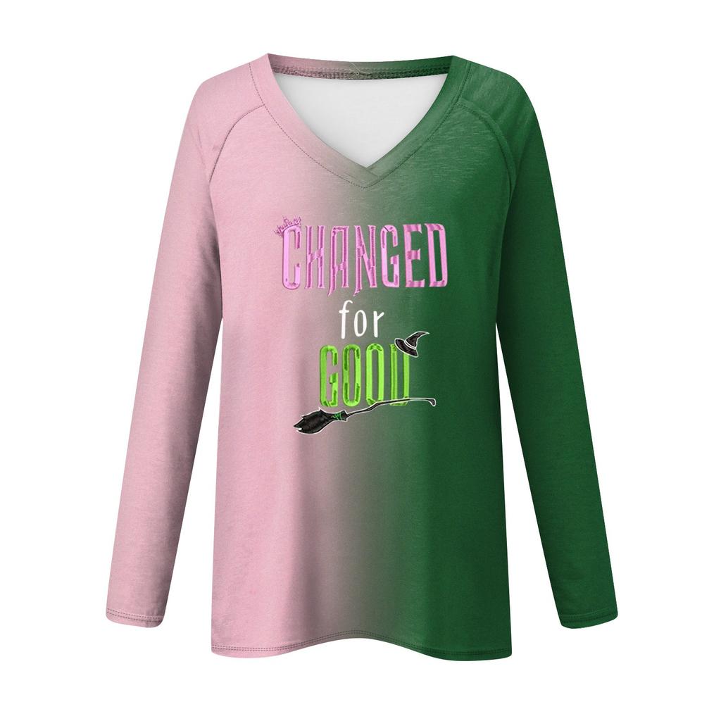 Women's Long Sleeve Plunger Sleeve Witch Printed Casual Top T-Shirt