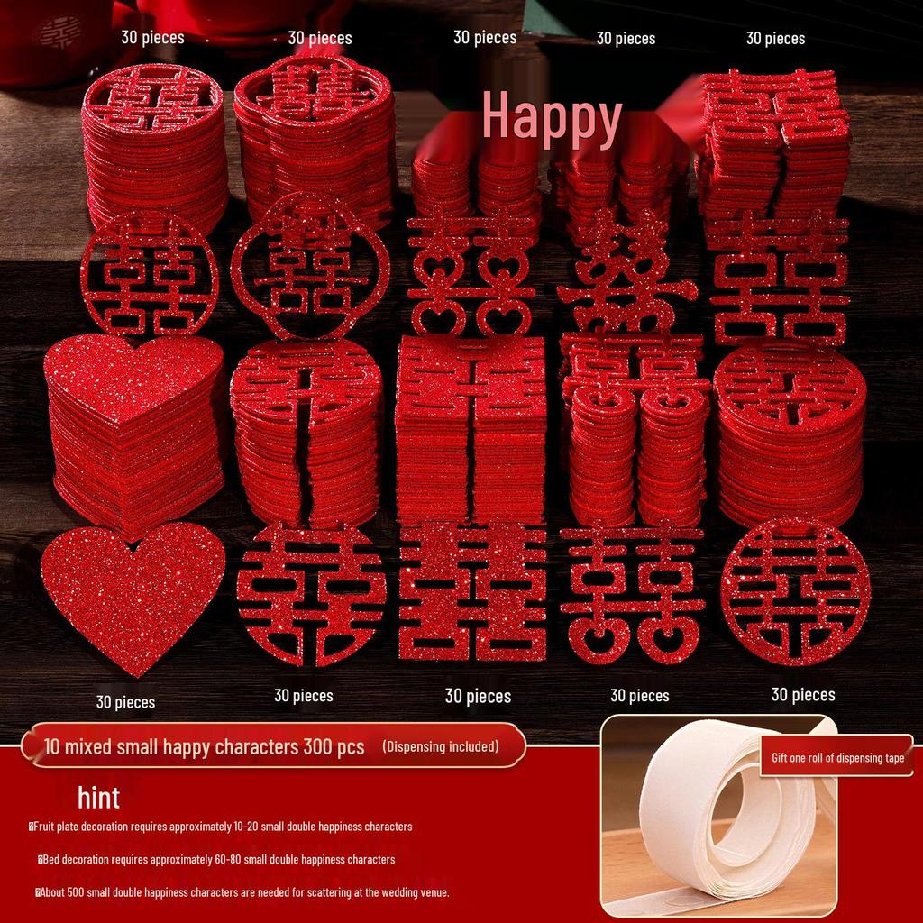 Decoração de Quarto de Casamento Dupla Felicidade: Adesivos e Arranjos Jogados à Mão para Preparação da Cerimônia