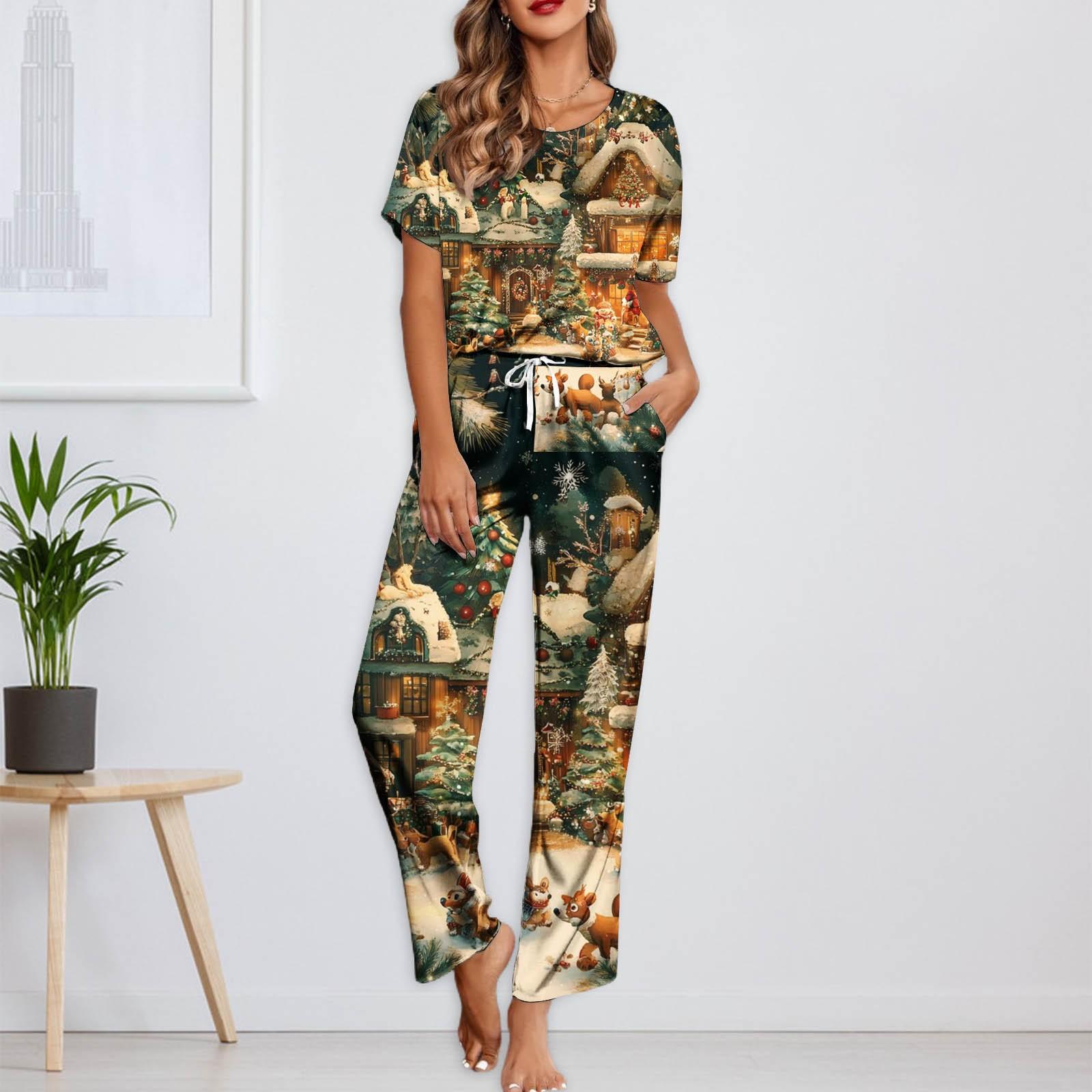

Женский шелковый атласный пижамный комплект с рождественским принтом, рубашка с коротким рукавом и длинные пижамные штаны, мягкая домашняя одежда S коричневый
