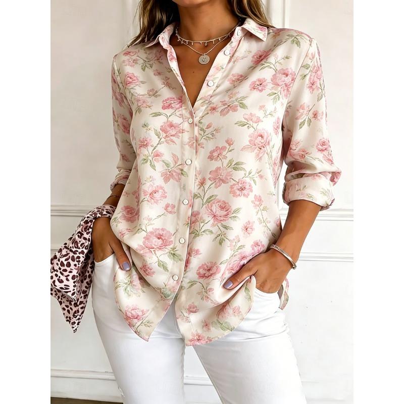 Women's Long Sleeve Floral Print Button Down Casual Shirt Elegant Daily Blouse Tops in Blue for Spring Summer