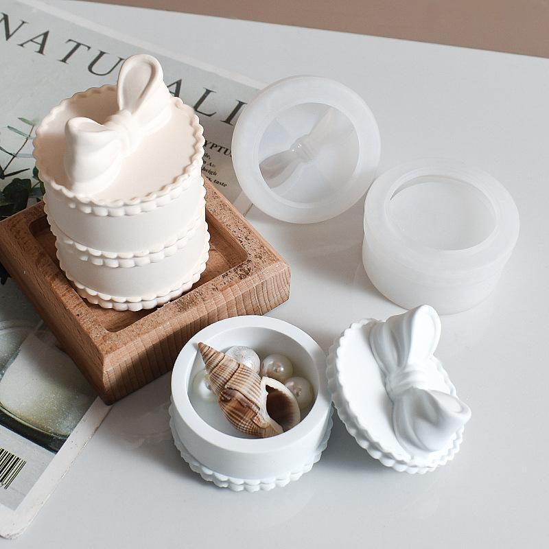 Mini Bow Shape Storage Box Candle Cup Silicone Mold DIY Bowknot Handicrafts Round Plaster Storage Jar Home Decoration Molds