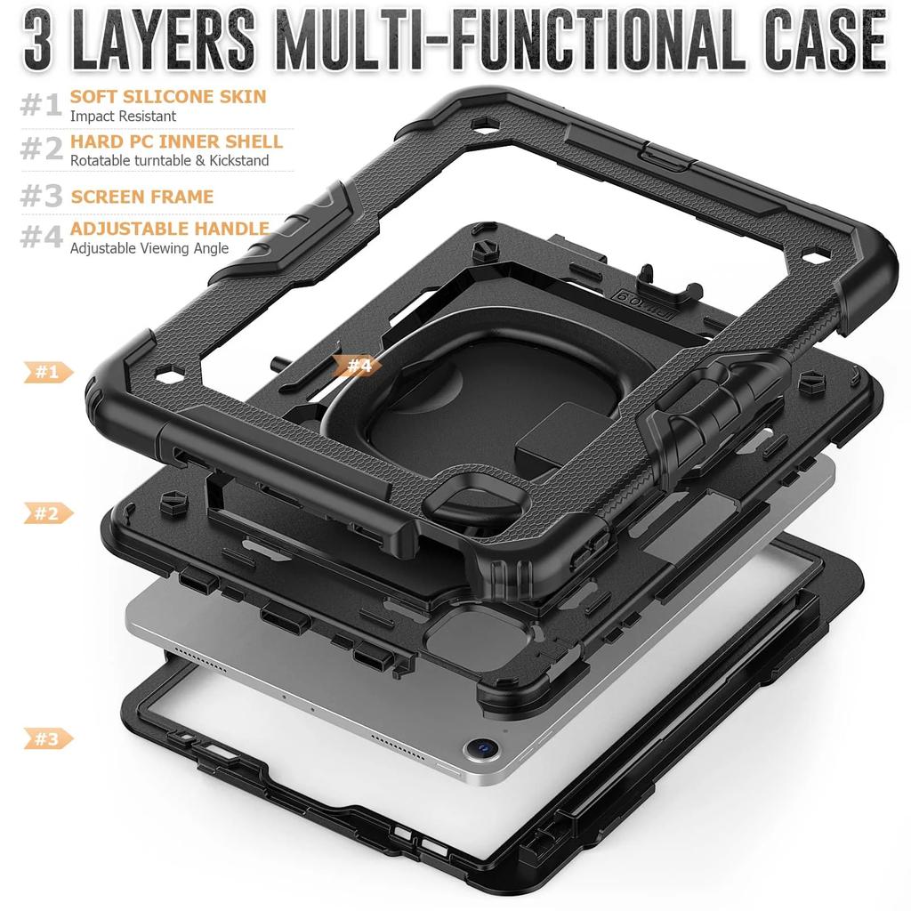 For iPad Pro 11''/Air 4/5,Military Grade Shockproof Protective Silicone Cover 360 Folding Handle Grip + Handle Shoulder Strap
