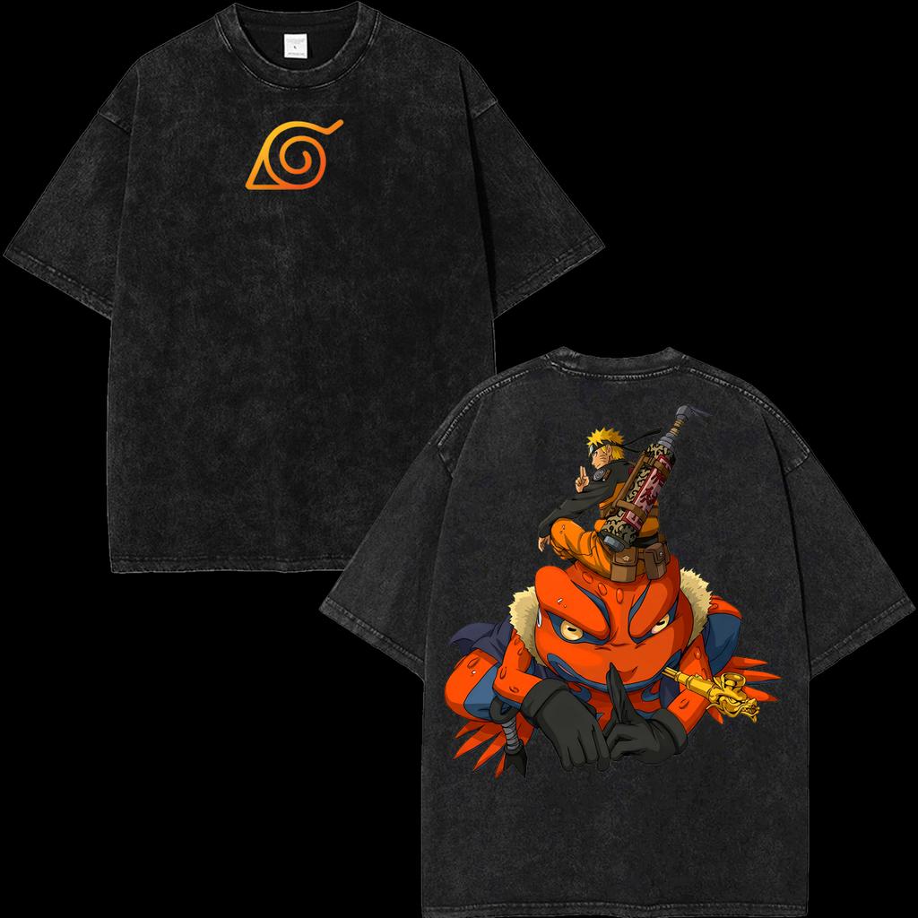 Graphic Oversized Vintage T-shirt Kurama Vs Naruto Uzumaki Anime Washed Retro Streetwear Men Women Short Sleeve High Quality Female Male Clothing