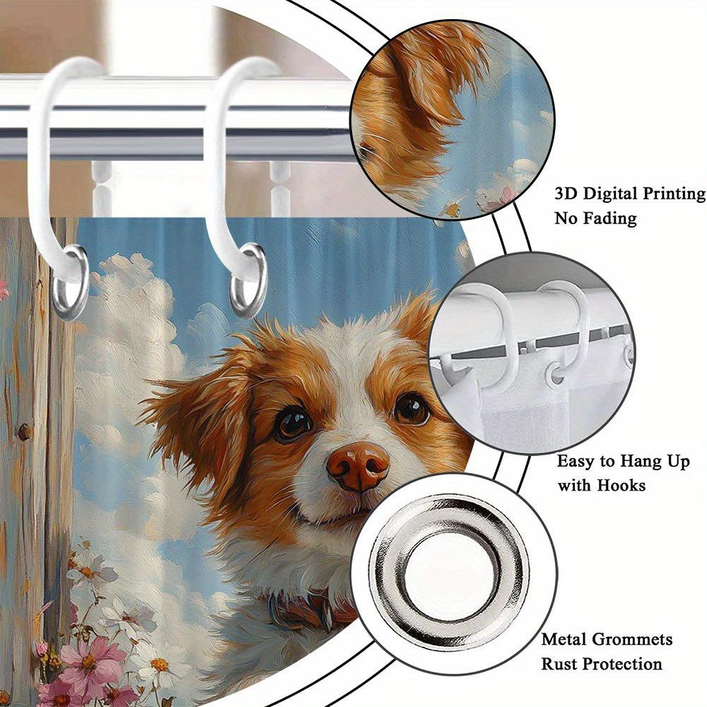Large Waterproof Dog Floral Bathroom Shower Curtain Cute Puppy Cottagecore Style Farmhouse Pet Decorative Liner