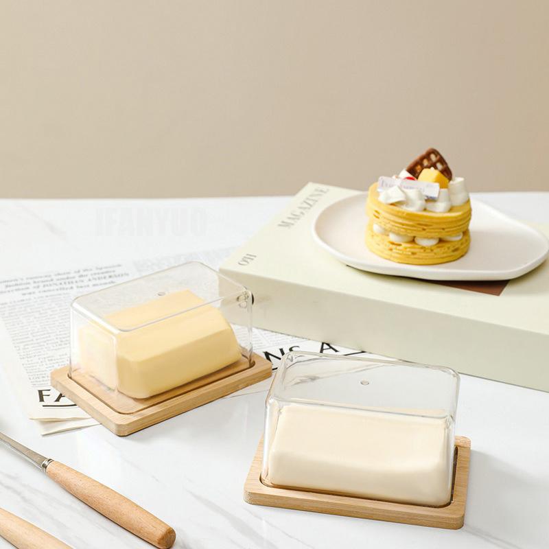 Nordic Countertop Bamboo Butter Dish Plate with Transparent Acrylic Lid Kitchen Storage Butter Container Box Butter Tableware