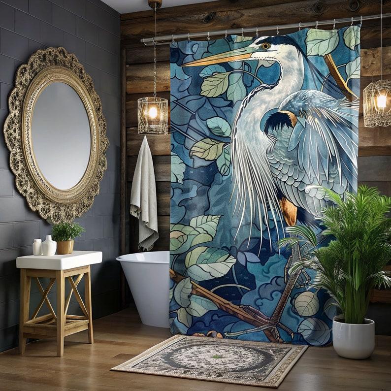 Blue Heron William Morris Style Shower Curtain - Coastal Bathroom Decor & Bath Accessories