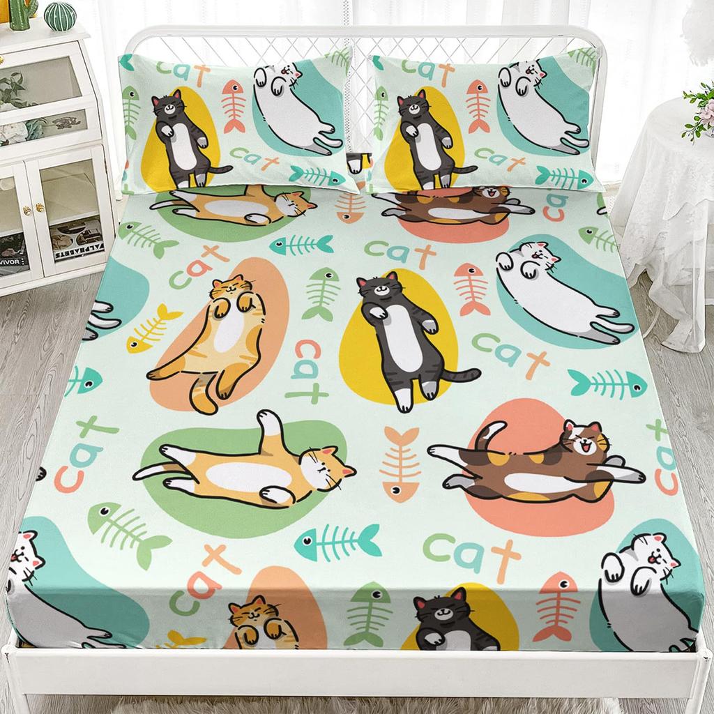 Cute Cartoon Kitten Pattern Bed Hat Three-Piece Digital Printing Bedding Set Adult Children