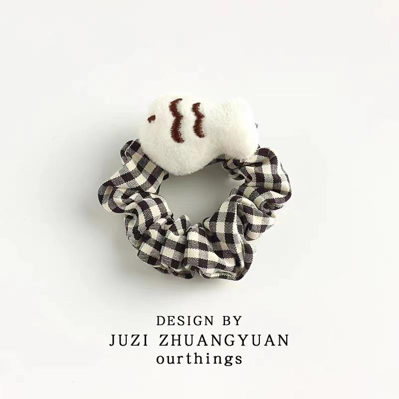 Sada kostkovaných čelenek a sponek do vlasů s kreslenou kočkou a rybičkou na podzim/zimu