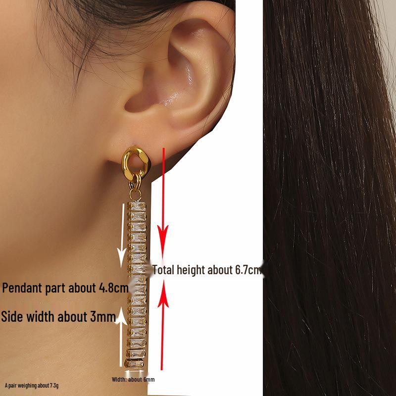 Women's Long Tassel Earrings - Titanium Stainless Steel with Diamond Inlay.