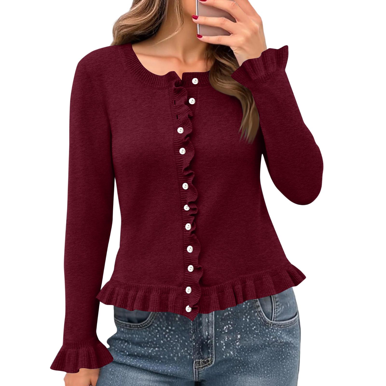 

Женский повседневный модный однотонный короткий свитер с оборками L винный