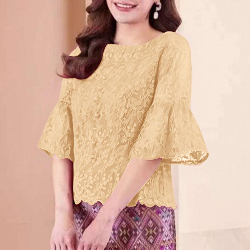 

ZANZEA Женская элегантная блузка с кружевной отделкой, повседневная, с рукавом до локтя XL хаки