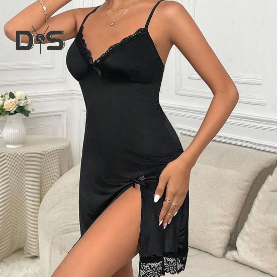 Γυναικείο Νυχτικό V Λαιμόκοψη Ανοιχτή Πλάτη Αμάνικο Φιόγκος Δαντέλα Φλοράλ Κέντημα Νυχτικό με Σπαγγέτι Λουράκια Σκίσιμο στο Πόδι Νυχτικό για Ημέρα του Αγίου Βαλεντίνου Νύχτα Γάμου