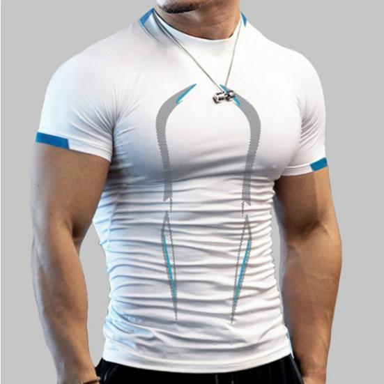 Camiseta Masculina Manga Curta Gola Meia Alta Estampada Costura Verão Corrida Compressão Streetwear