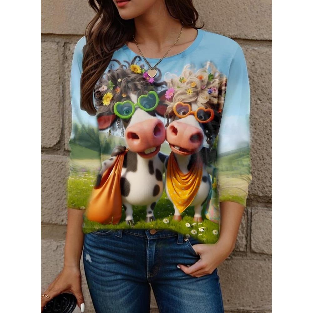 Cute Animal Cow Women's Long Sleeve Top Fashionable Casual Loose-Fit Ladies' T-Shirt