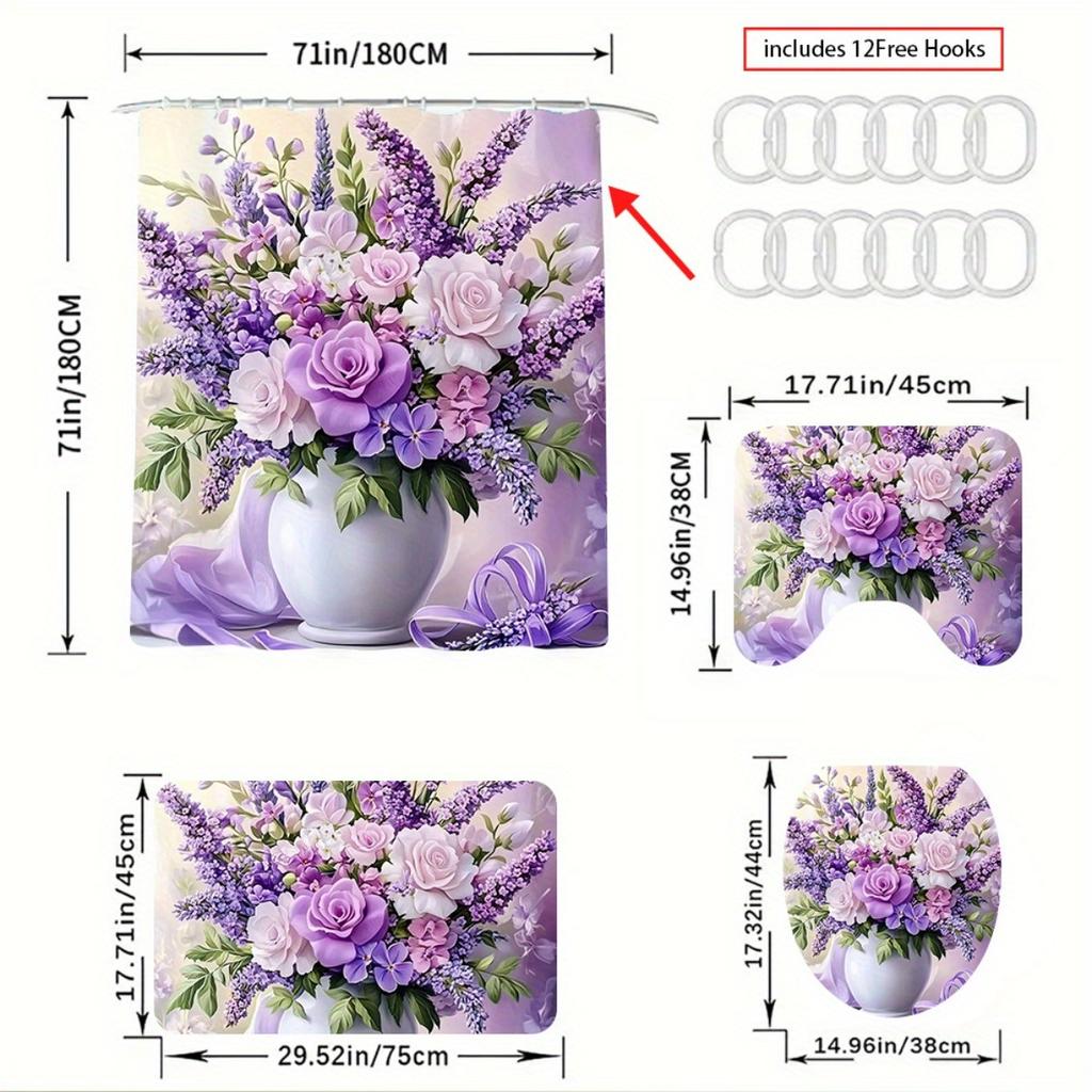 4Pcs Elegant Purple Floral Shower Curtain Set with Non-Slip Bath Mat, Toilet Lid Cover, Contour Rug & 12 Hooks, Bathroom Decor