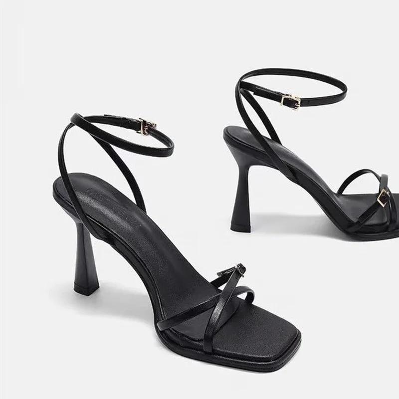 2025 designer women's new fashion letter high heels black super high heels stilettos lace-up sandals for women