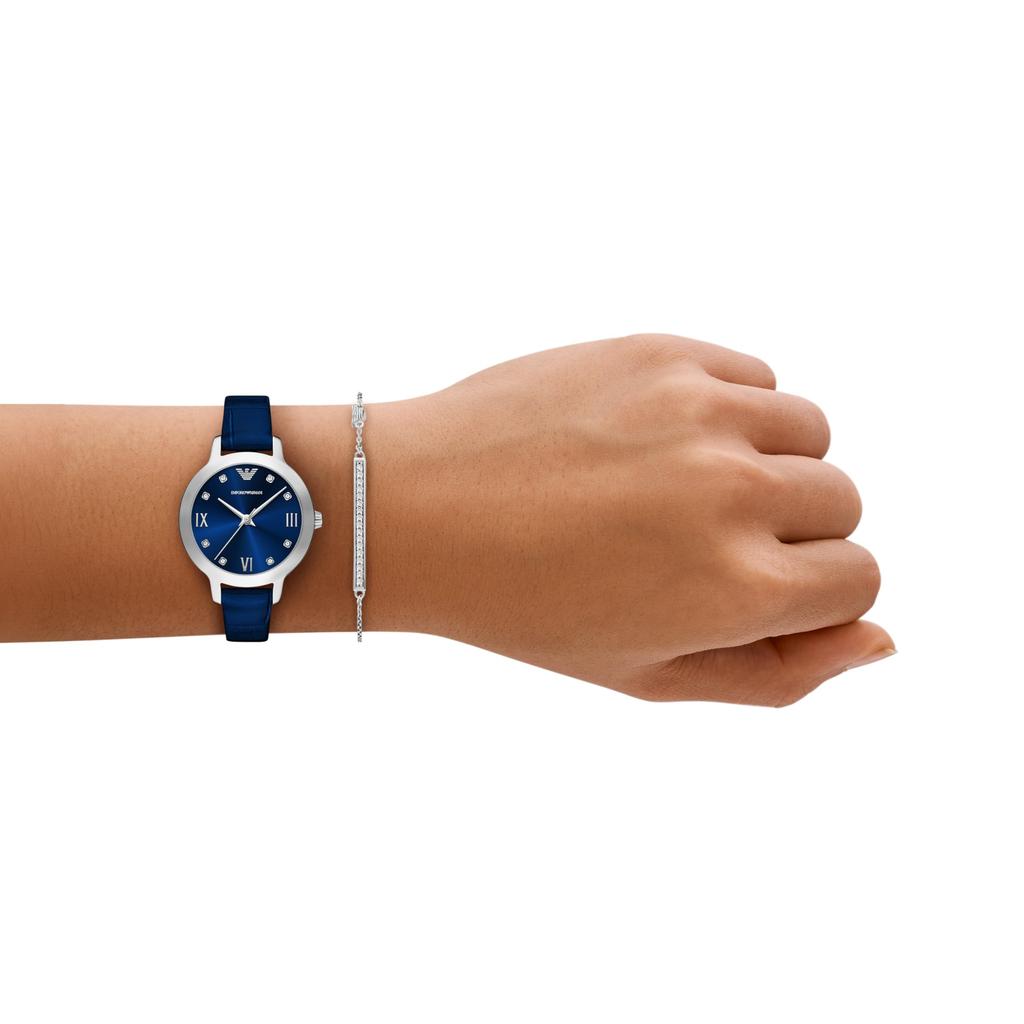Emporio Armani Women's Three-Hand Blue Leather Watch & Bracelet Set, AR80080SET