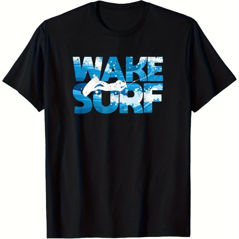 Men s Wake Surf Wakesurfing Graphic T-Shirt - Casual Short Sleeve Round Neck Tee for Summer Beach S чёрный