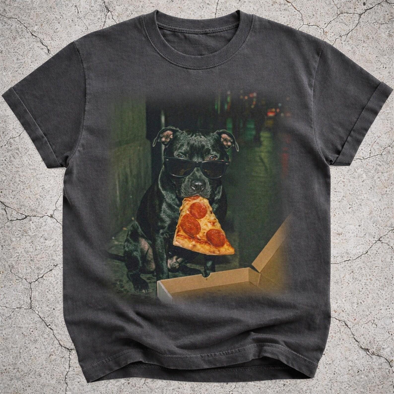 Pitbull Eating Pizza Shirt, Funny Pitbull Pizza Meme Tee, Silly Dog Graphic T-Shirt, Novelty Pizza Lover Gift for Dog Mom Dad L