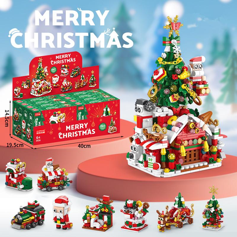 DIY 8in1 Lights Christmas Elk Deer Santa Claus Train Architecture Store Street View Xmas Tree Snow House Building Block Kit Toy