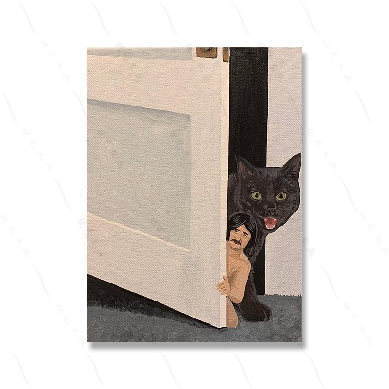 Long Bodied Cat Abstract Greedy Cat Wall Art Poster Print Black Cute Pet Oil Canvas Painting Toilet Bed Room Home Decor No Frame