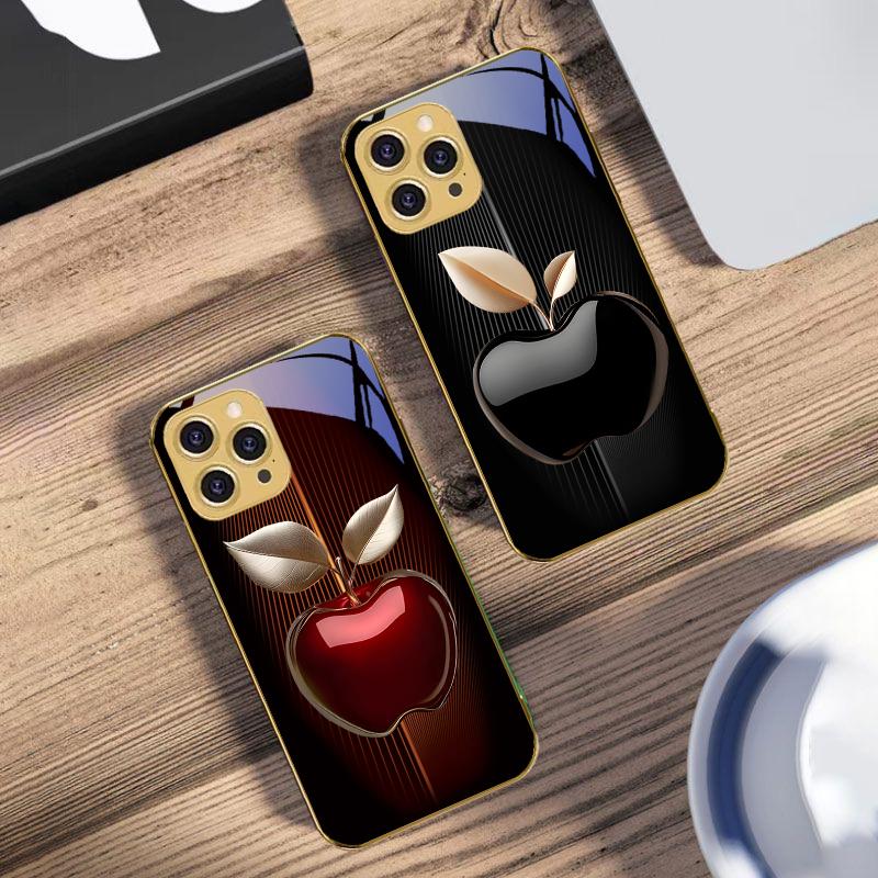Stripe gradient apple red For IPhone 16 Pro Max 15 P ro 14 13 Plus 12 Mini 11Pro Max XS Max XR Golden tempered glass phone case