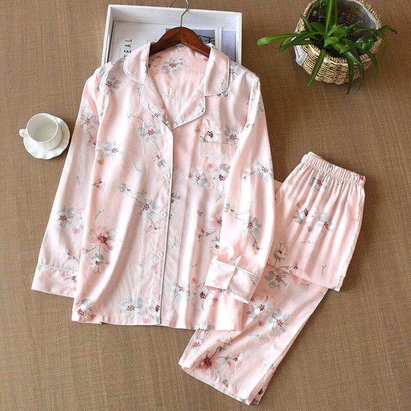 Pigiama da donna in stile giapponese, nuovo, primaverile ed estivo, in cotone e seta, con pantaloni a maniche lunghe, completo con stampa floreale, completo da casa
