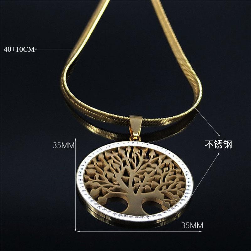 Tree Of Life Pendant Necklace Women Gold Crystal Stainless Steel Jewelry Elegant Gift For Her