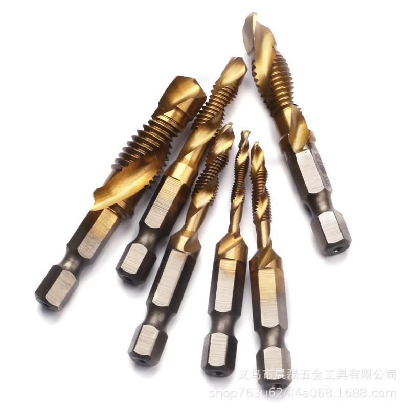 6-Piece Titanium-Plated HSS Taper Tap Set with Hex Shank for Drilling, Tapping, Chamfering, and Hole Opening