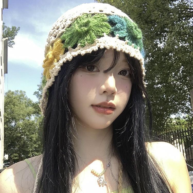 Spring and Summer Literary Colorful Flowers Hollowed Out Hat for Women Japanese Sweet and Cute Fashion Handmade Wool Knit Hat