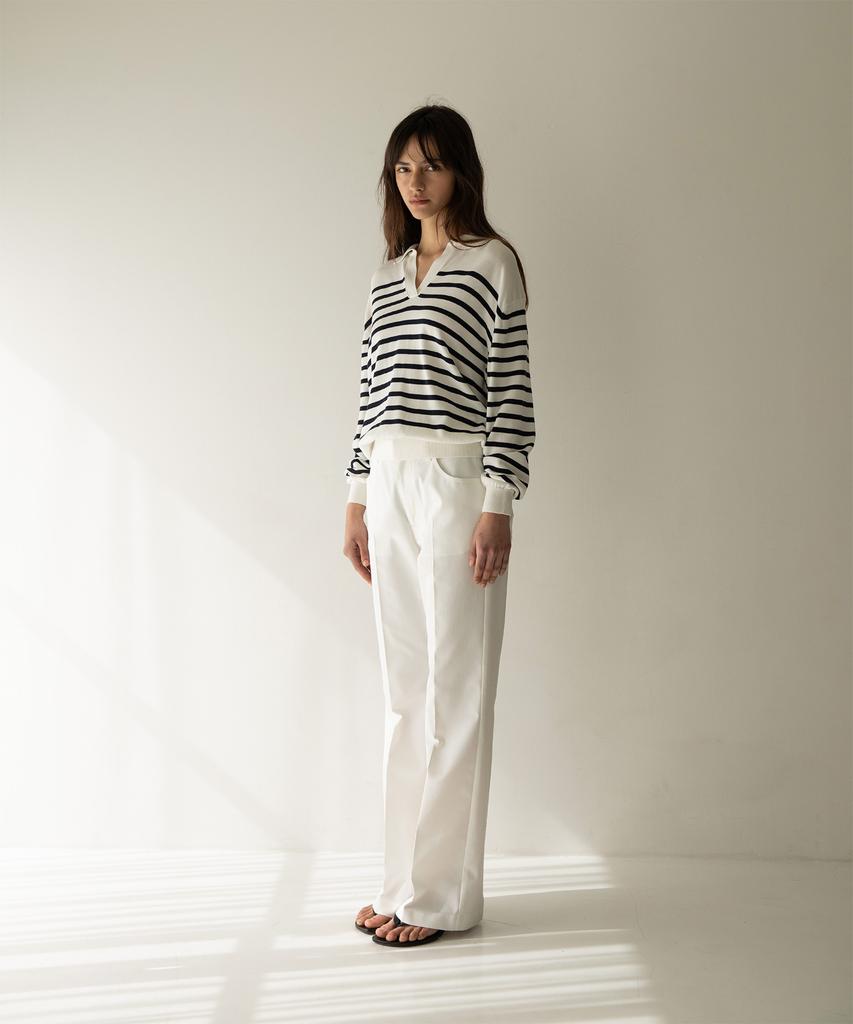ANOTHER OFFICE WOMEN W. Sailor Silk Open-Collar Knit (White-Navy)