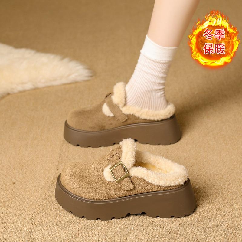 Thick-soled Bag Head Half Slippers for Women To Wear Winter New Fashion Lazy Plush Cotton Shoes
