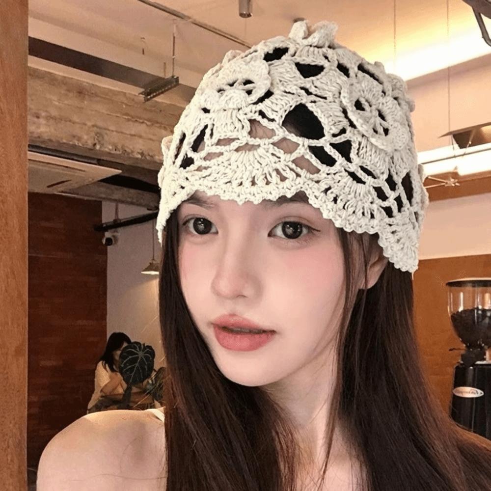 Bohemian Style Hollowed Out Beanie Cap Handmade Woven Cap Retro Crochet Flower Knitted Hat  Outdoor