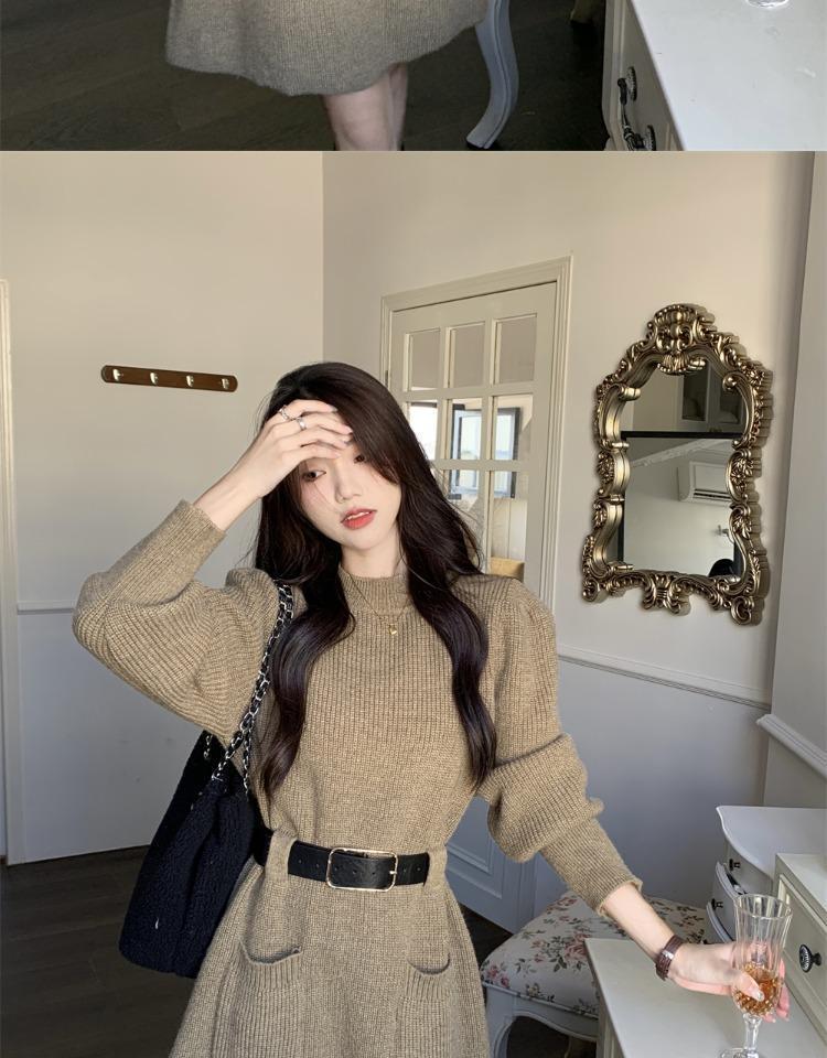 Chic Korean Style Knitted Sweater Dress for Autumn & Winter - Slimming Waist, Thick Base Layer