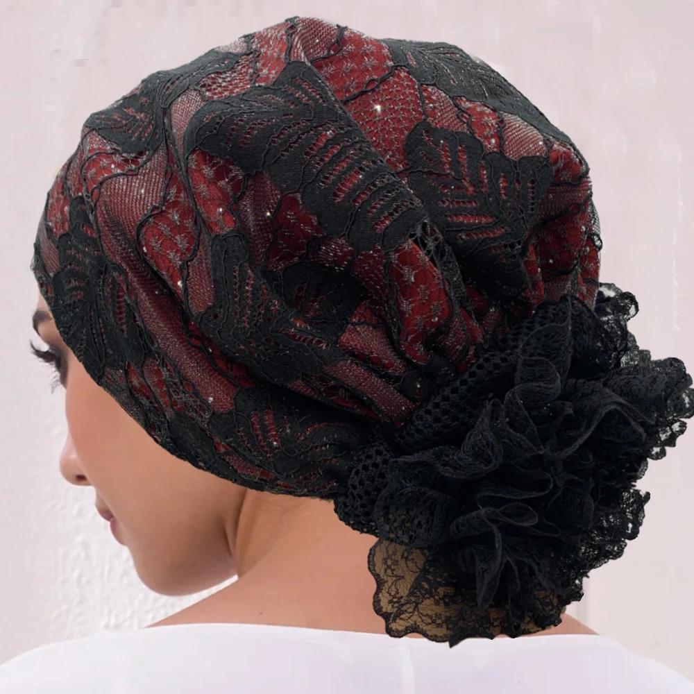 Breathable Leaves Embroidered Lace Turban Caps for Women