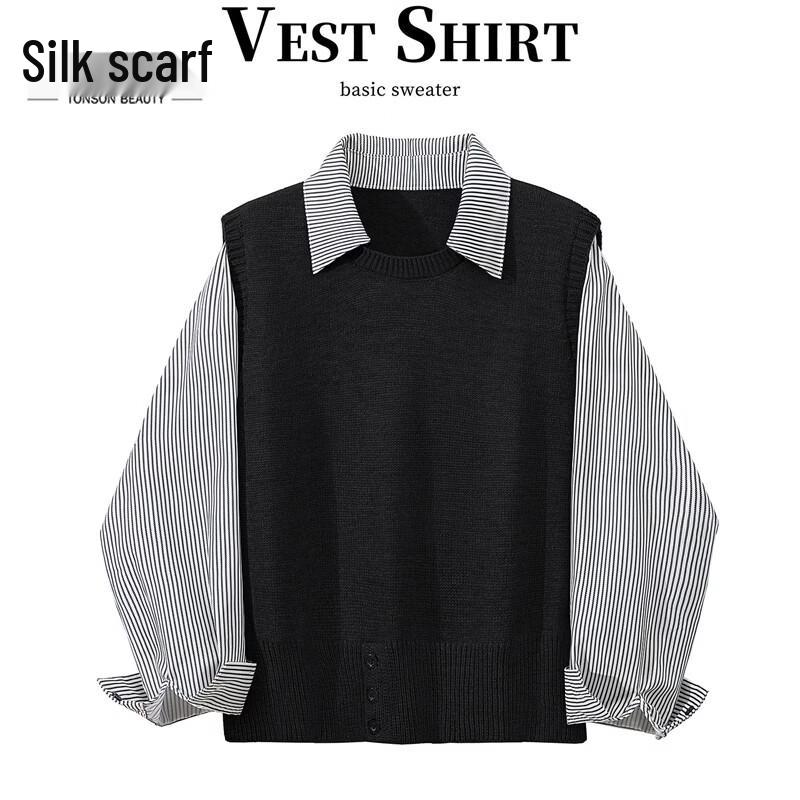 Women s Faux Two-Piece Lapel Knit Pullover One Size