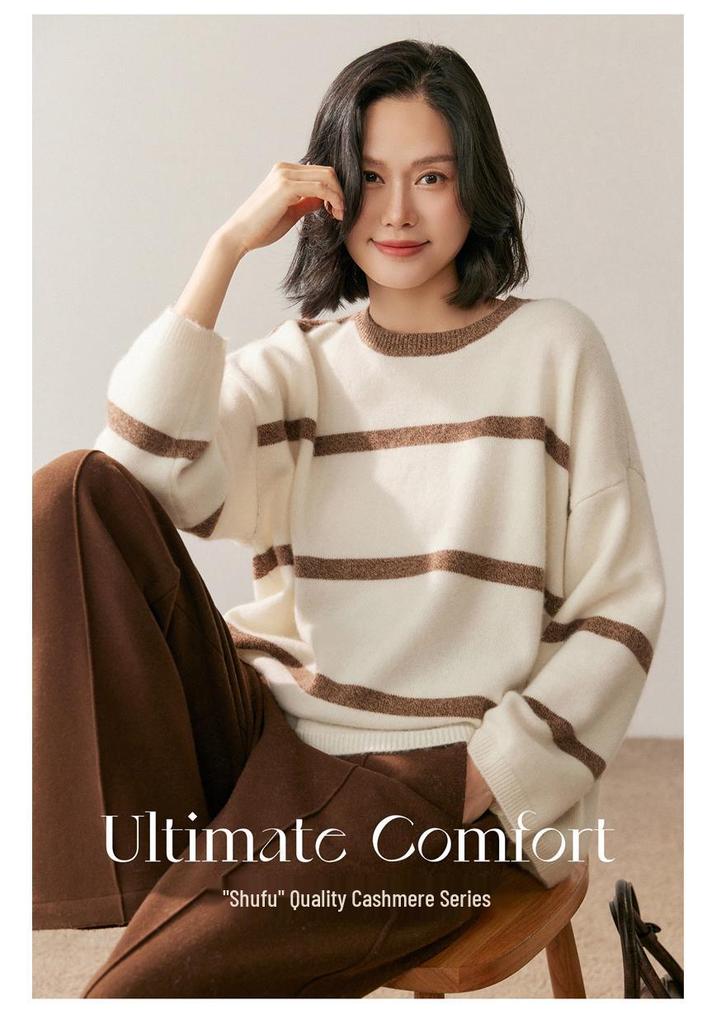 Women's Striped Cashmere Knit Top - Loose Fit, Round Neck, Soft, Versatile Fashion for Autumn/Winter.