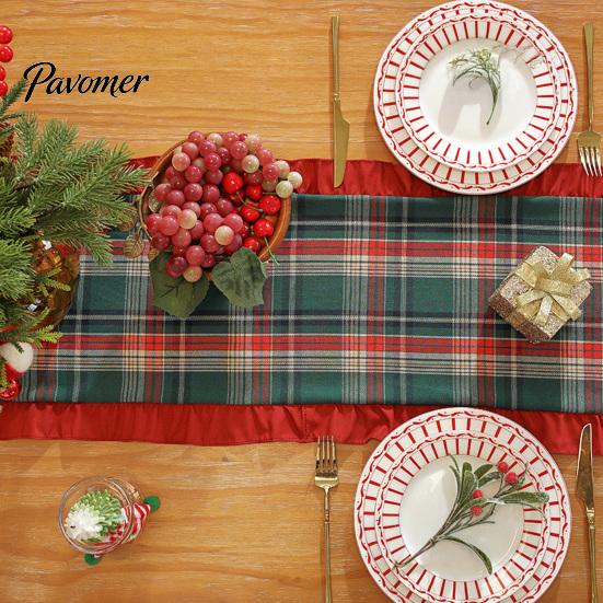 Holiday Home Table Linens Retro Plaid Christmas Runner, Red Ruffled Trim Decorative Mat, Classic British Style Flag & Green Mat for Dining,