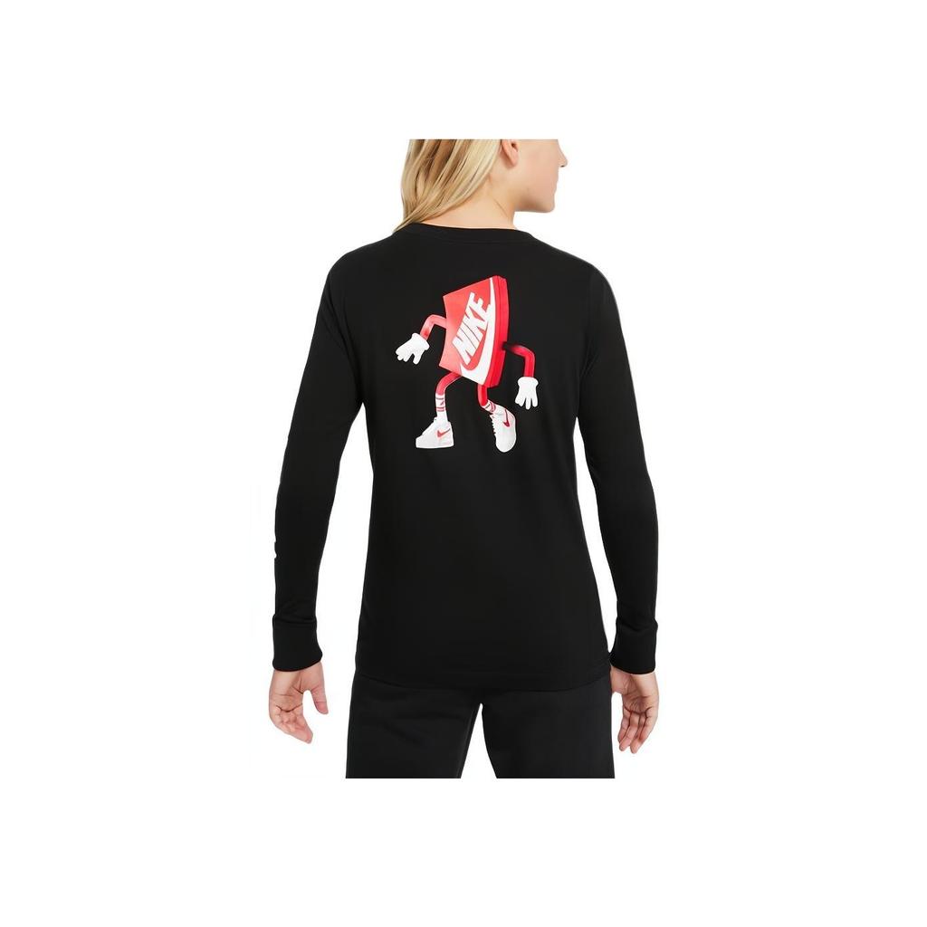 Nike Logo Print Round Neck Long Sleeve T-Shirt Kids Tops Black DO1838-010