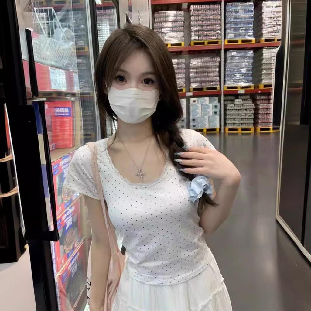 French Pure Desire White Lace Polka Dot Short-sleeved T-shirt Women's Summer Design Sweet Slim Top Ins