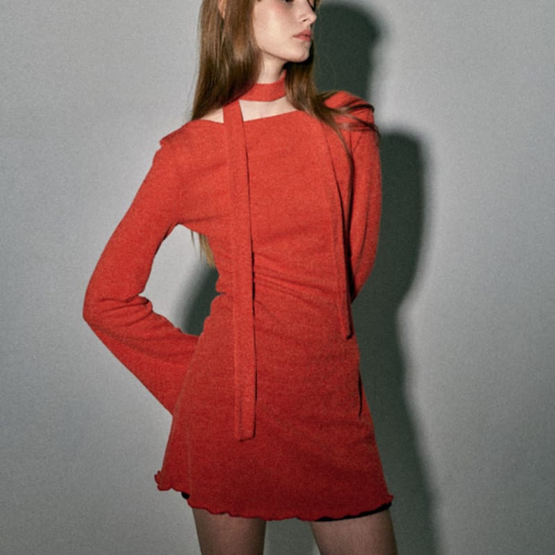 QUAFE KNIT ONEPIECE & MUFFLER SET_RED ORANGE