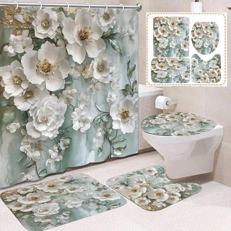 1/4 Stuks Waterdicht en schimmelbestendig Douchegordijn Luxe met Haak Douchegordijn met antislip mat U-vormige mat toiletdekselhoes