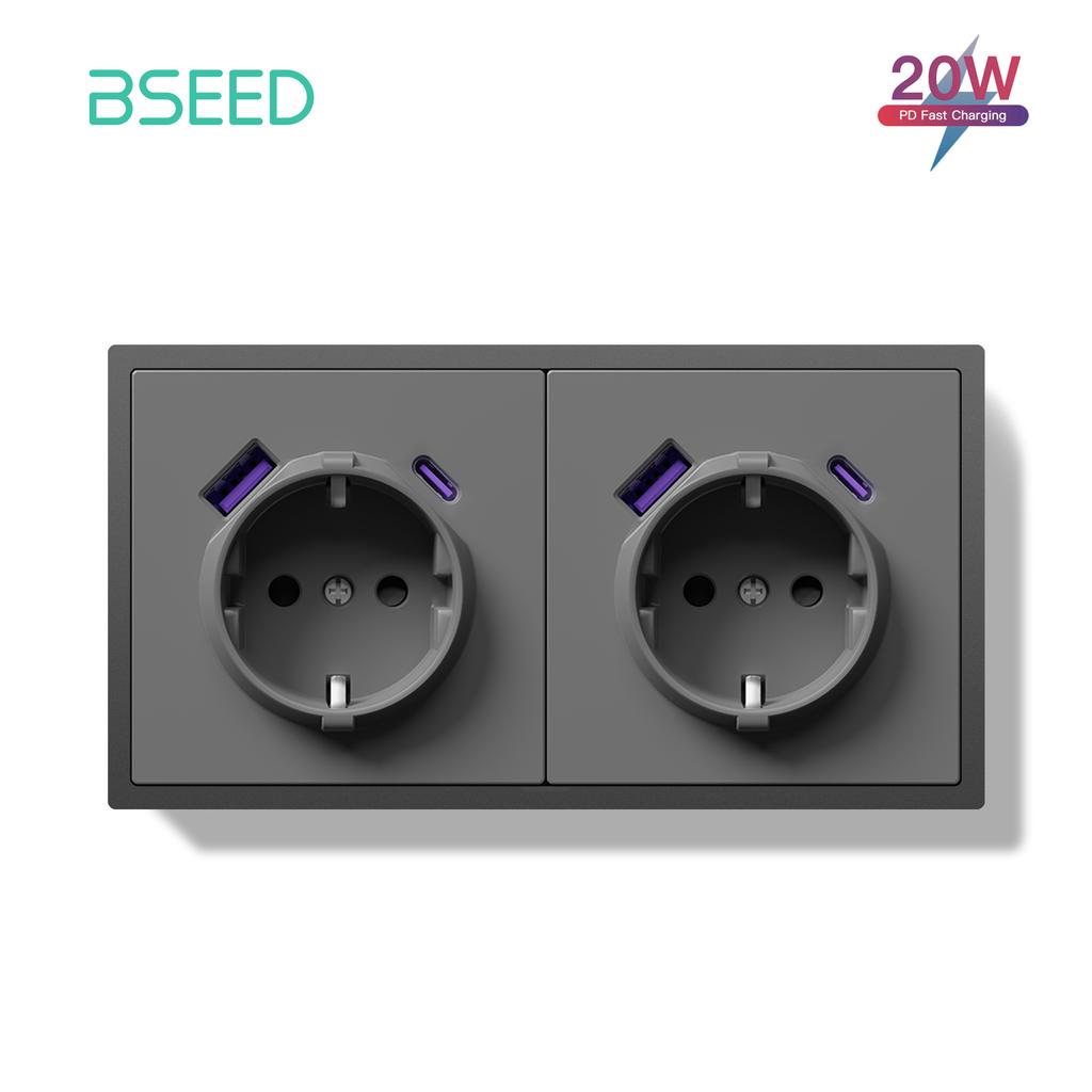 BSEED EU Large Button Wall Switches 1/2Gang 2Way 16A Wall Power Sockets Dual USB Phone Charge Port 5V Gray Home E-Series