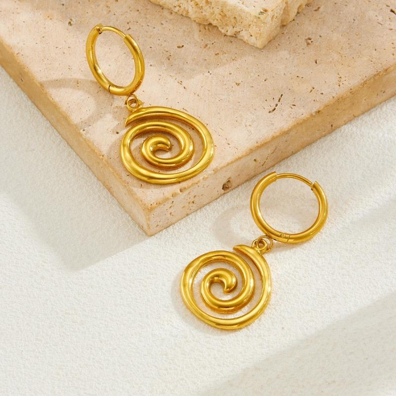 Gold Plated Stainless Steel Spiral Drop Hoop Earrings for Women