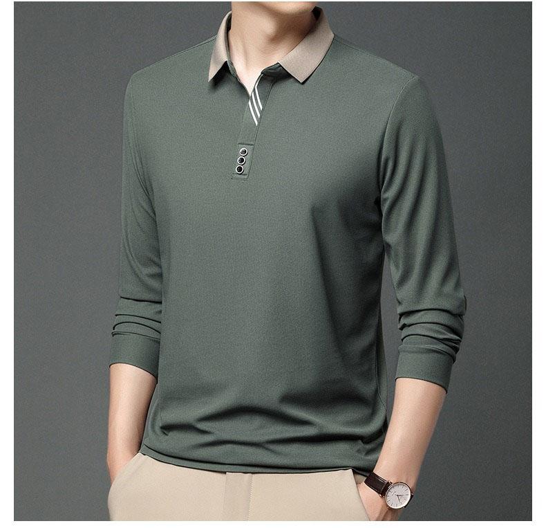 Polo de Manga Comprida Masculino de Primavera Gola Virada Cor Sólida Respirável Confortável Camisetas Casuais com Botões T-shirt Masculina