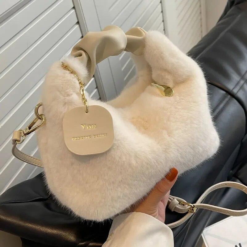 2026 Fashion Soft Plush Half Moon Crossbody Bags for Women Designer Fluffy Faux Fur Lady Handbags Luxury Small Tote Female Winter Purses